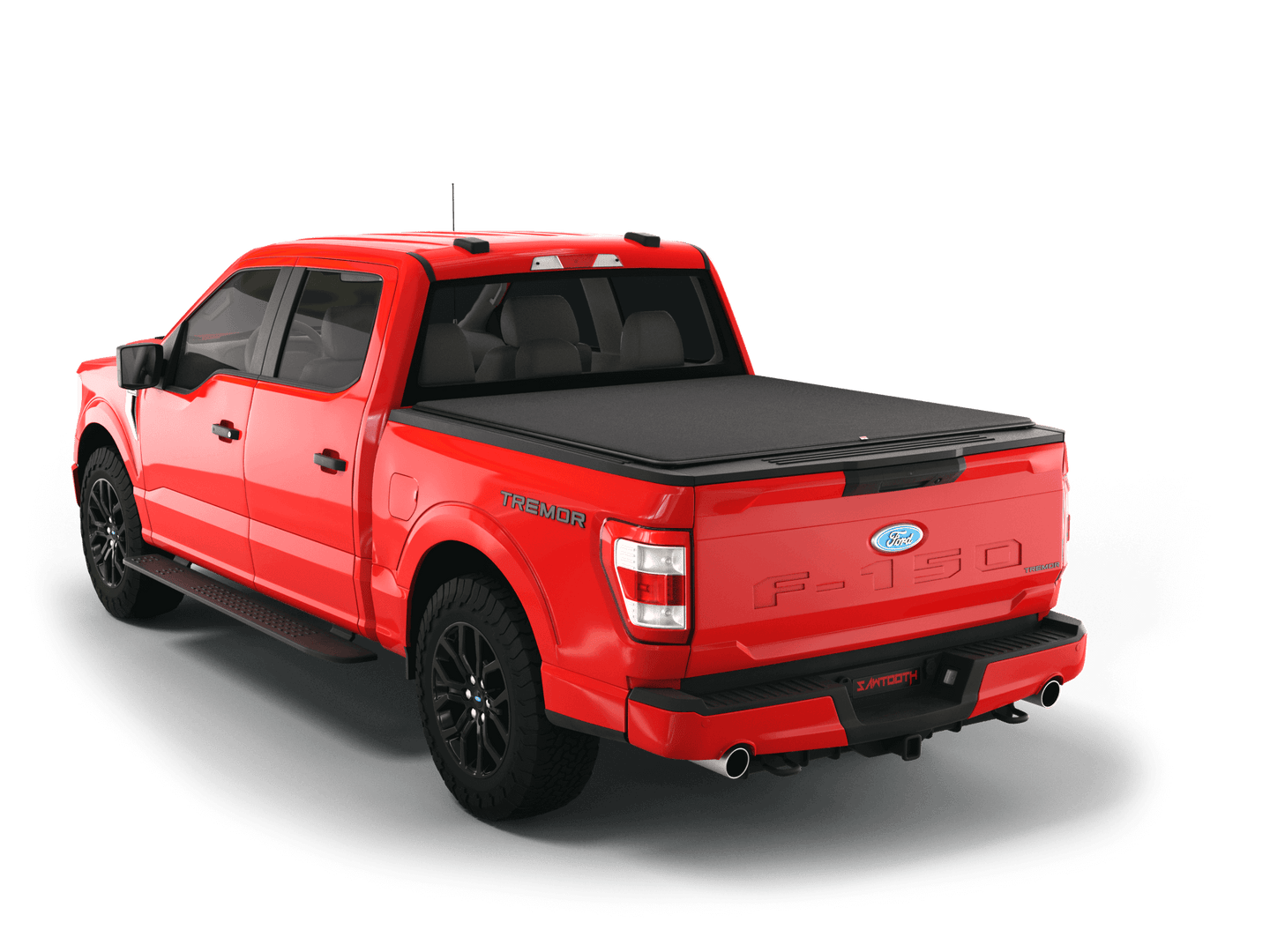 Red Ford F-150 with loaded and expanded Sawtooth Stretch pickup truck bed cover